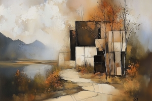 Geometric House with Autumn Trees