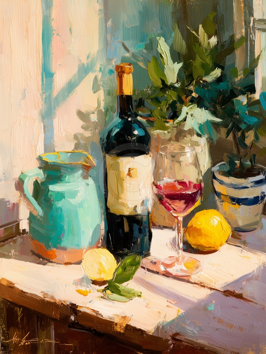 Mesa soleada, vino tinto