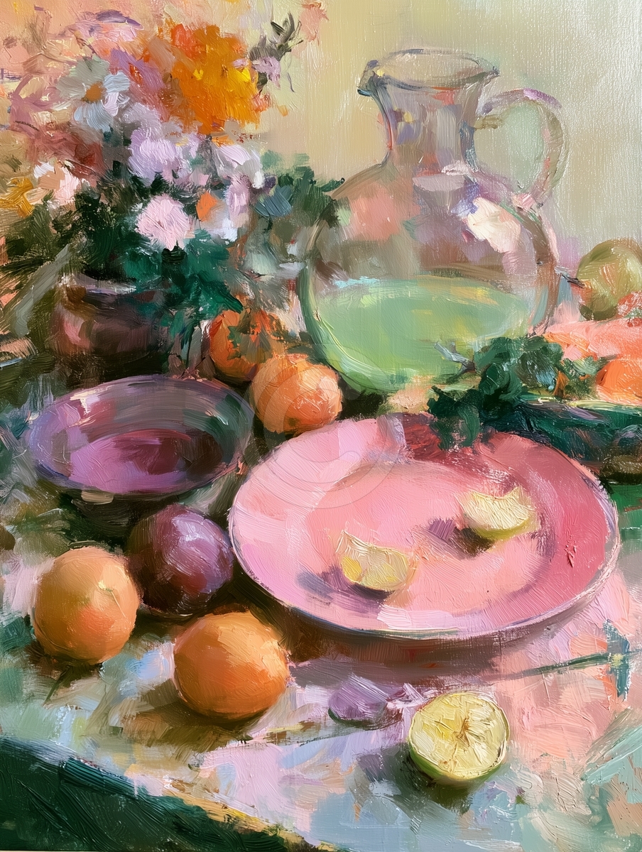 Pink plate, glass pitcher