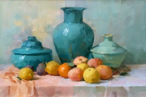 Jarres bleu-vert, fruits doux