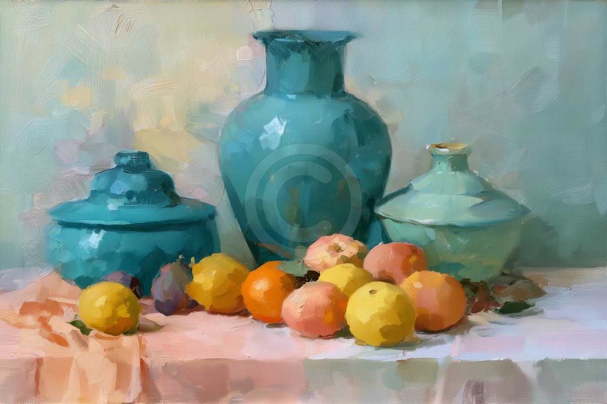 Vasi color teal, frutta morbida