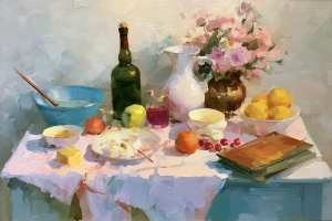 Der Tisch des Malers, rosa Bl&uuml;ten