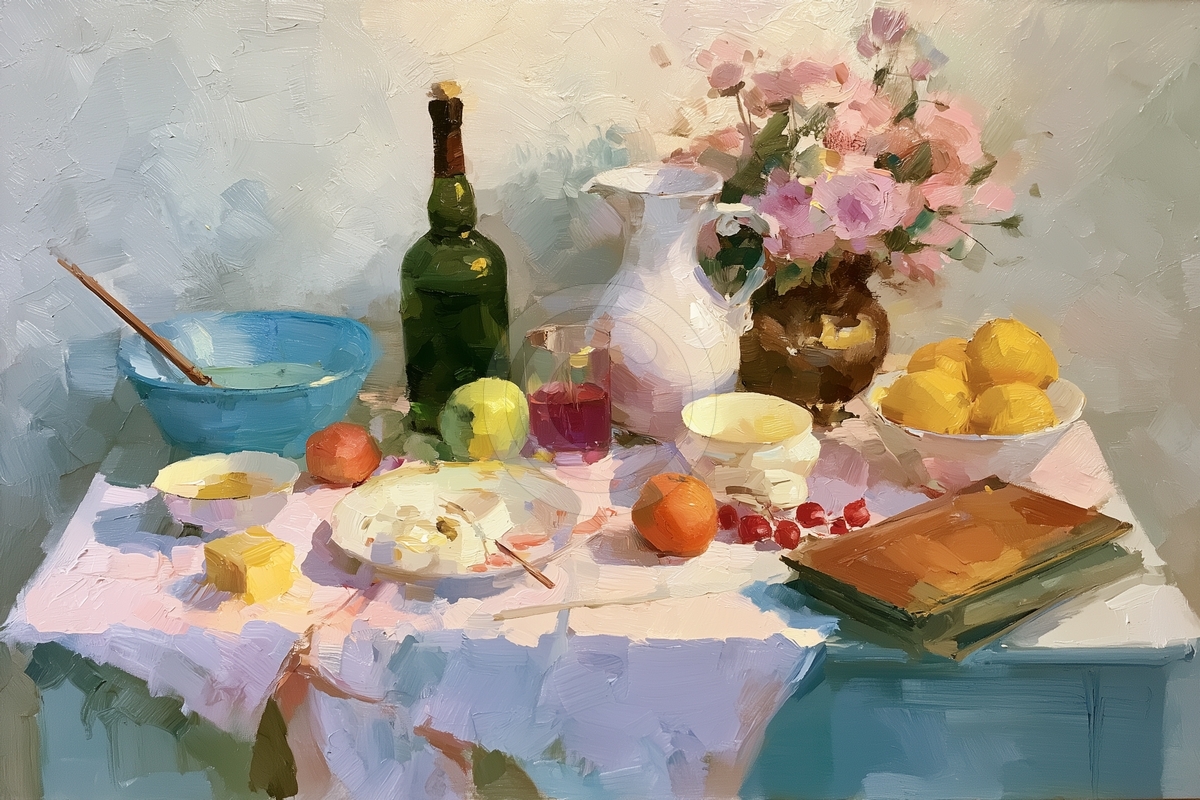 Artist's table, pink blossoms