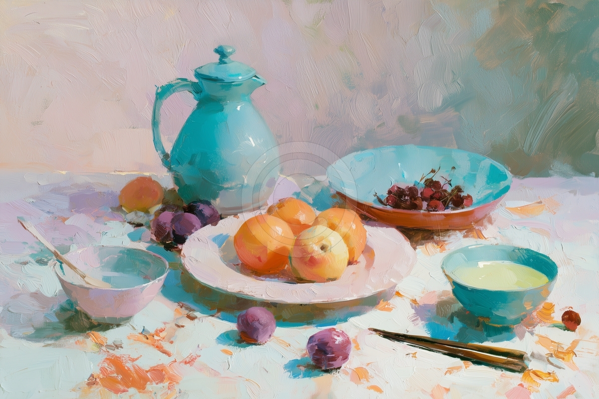 Pichet turquoise, pêches ensoleillées