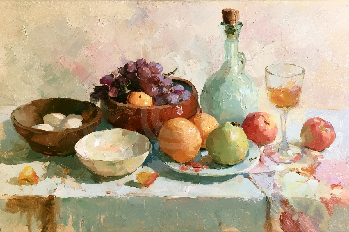 Seafoam decanter, grapes and wine