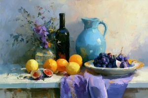Brocca blu, agrumi e vino