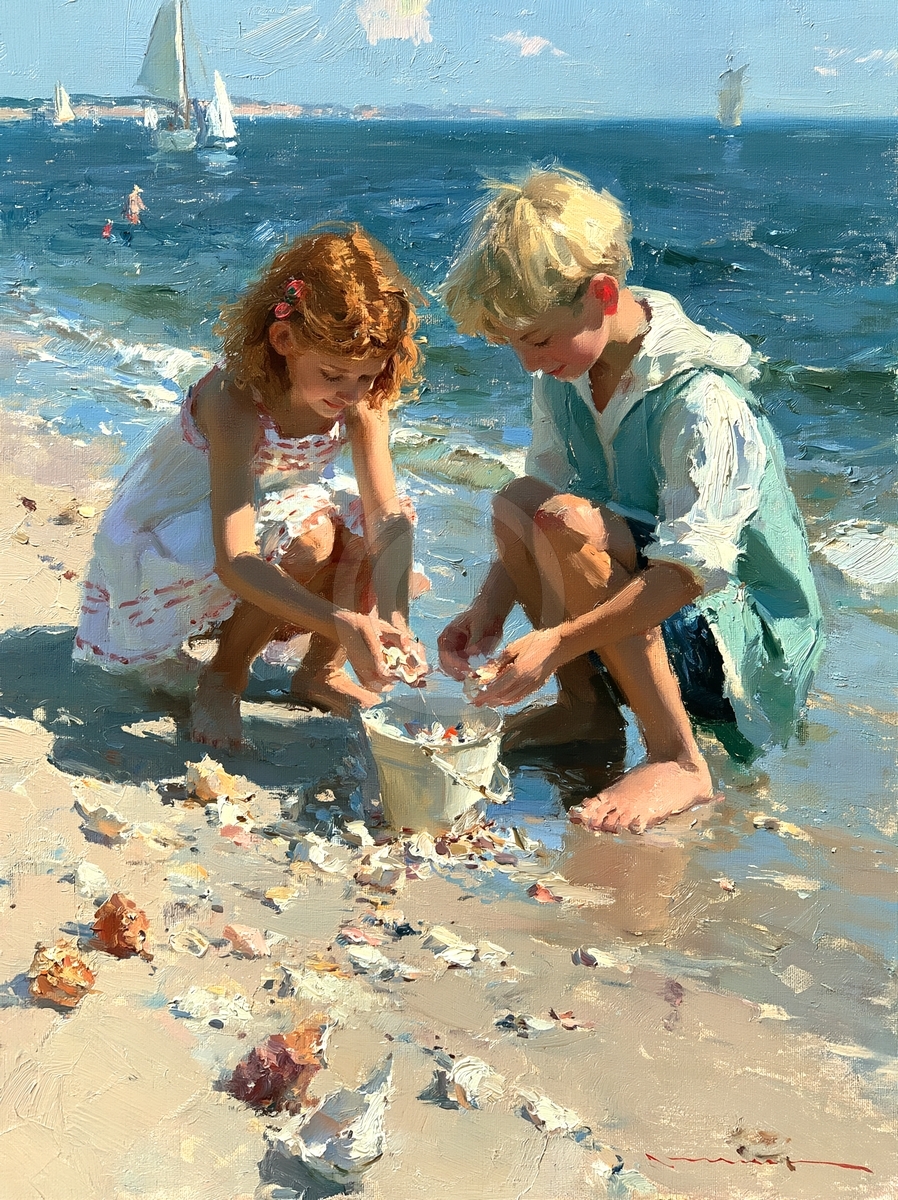 Cazadores de conchas junto al mar