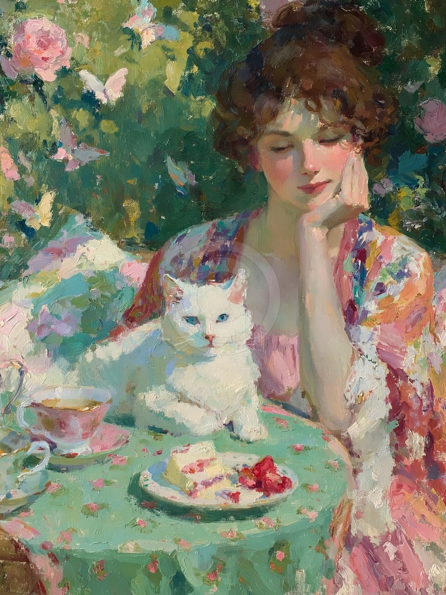 Garden tea with a white cat