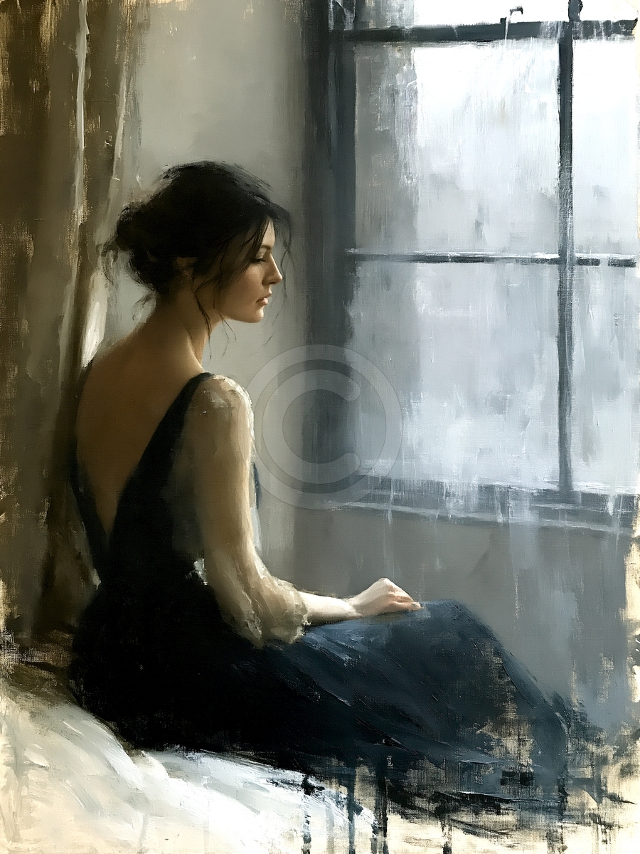Près de la fenêtre, pensive