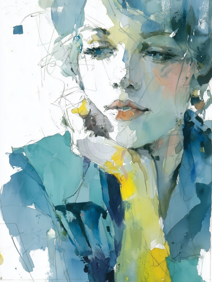 Watercolor face in blue and yellow