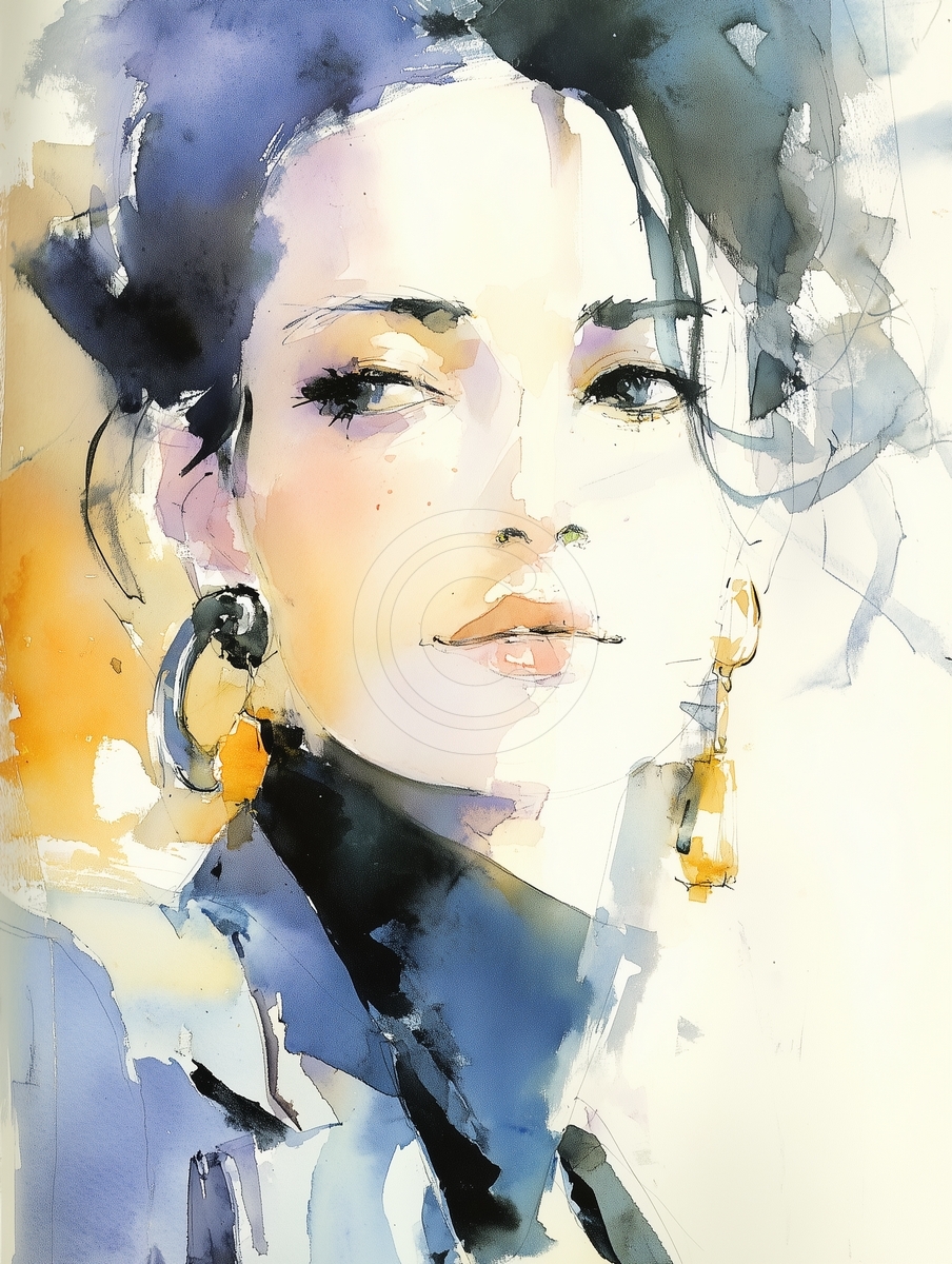 Watercolor face with gold hoops