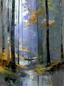 Bosque brumoso con un arroyo tranquilo