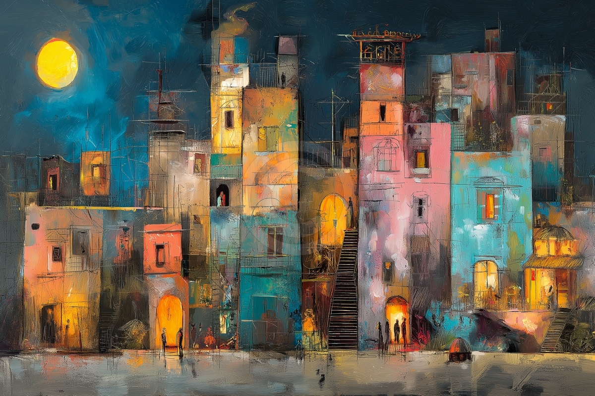 Moonlit Village by the Water