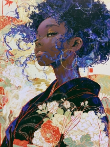 Indigo Hair and Peonies