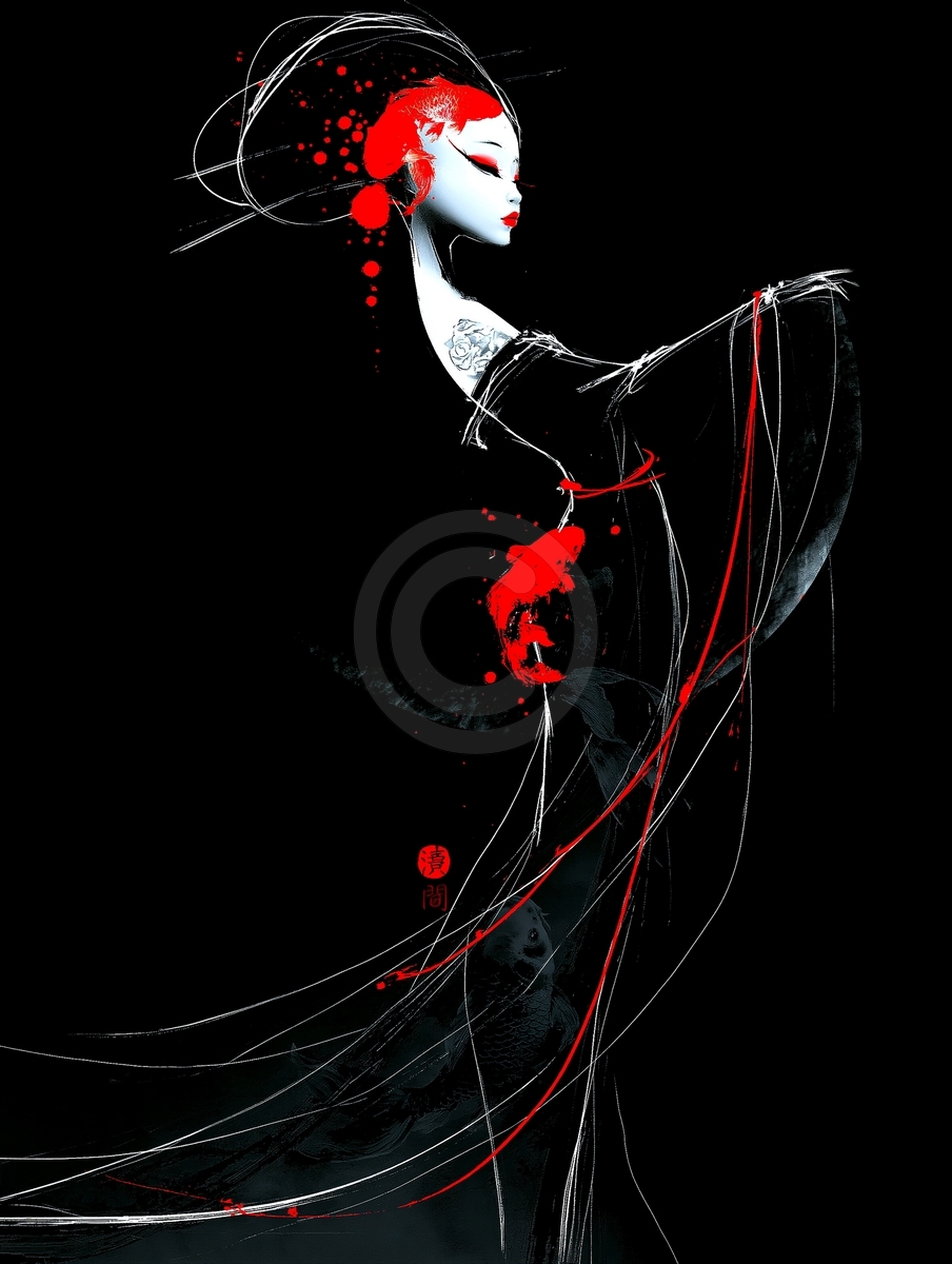 Geisha in Schwarz und Rot